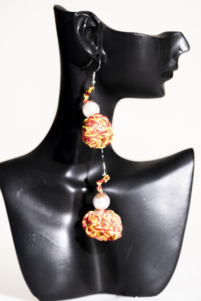 Red & Yellow Macrame Ball Drop Earrings