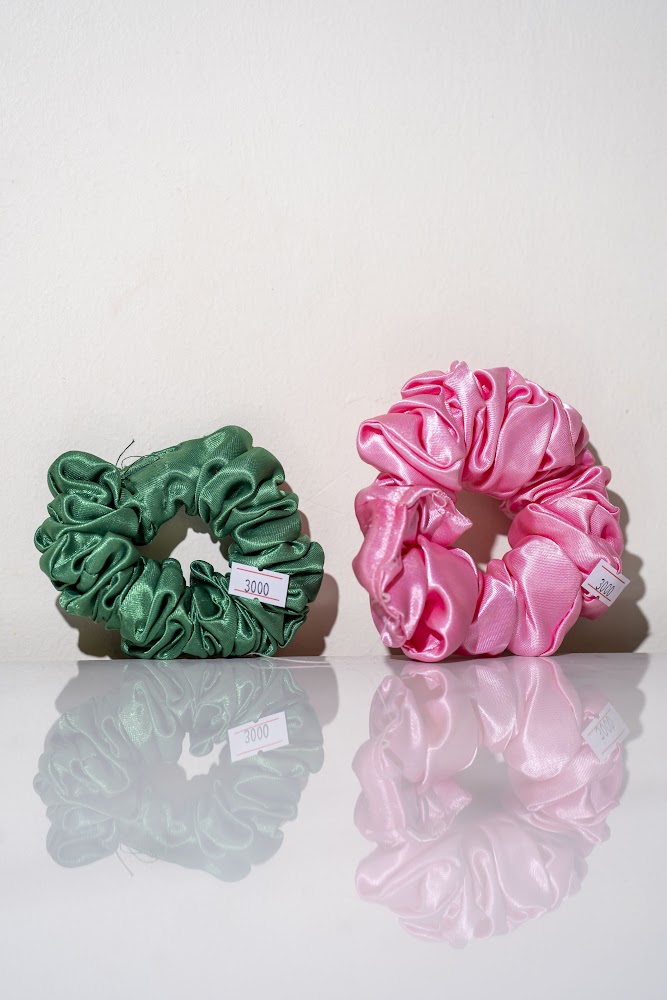 Satin Hair Scrunchie Set, Green & Pink
