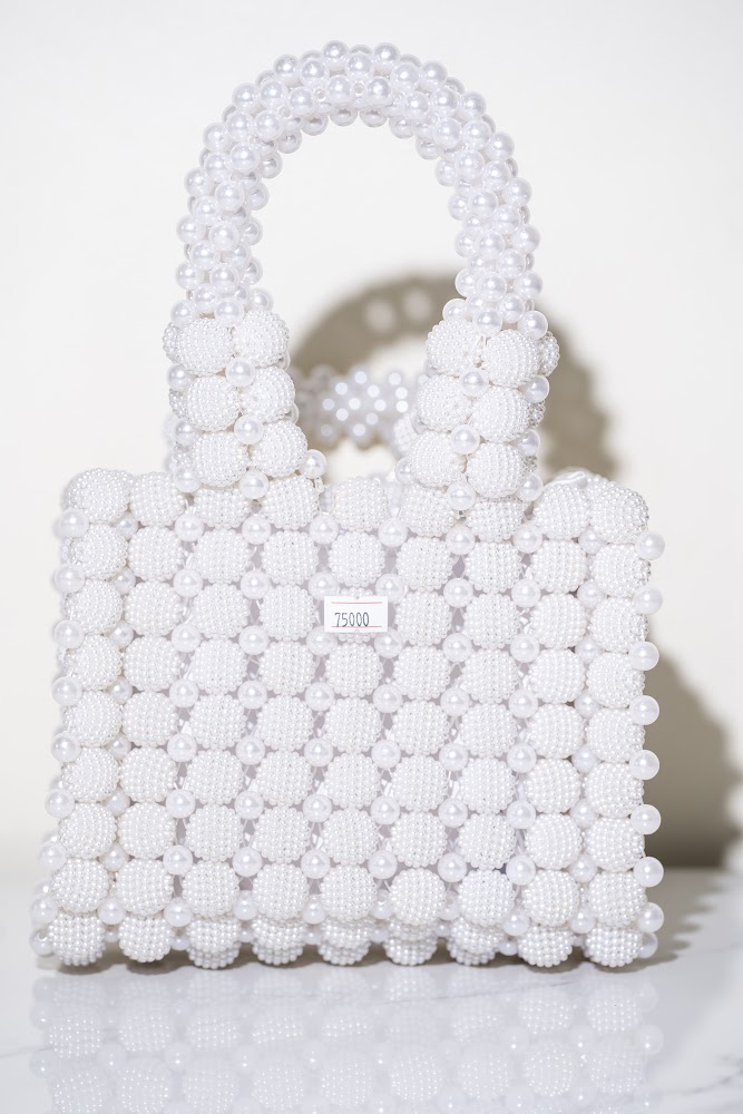 White Pearl Beaded Tote Handbag