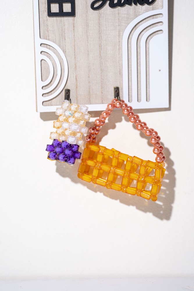 Mini Beaded Handbag Duo, White & Amber