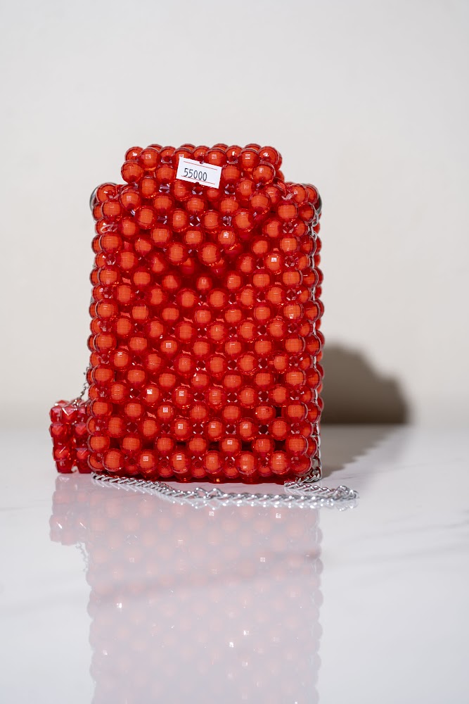 Cherry Red Crystal Bead Mini Bucket Bag