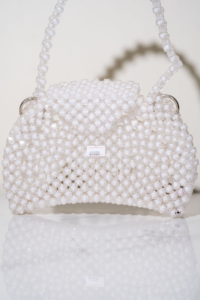 White Pearl Bead Top-Handle Handbag
