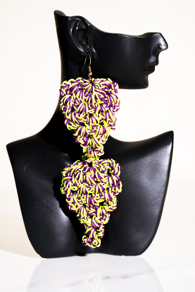 Neon Green & Purple Crochet Cascade Earrings
