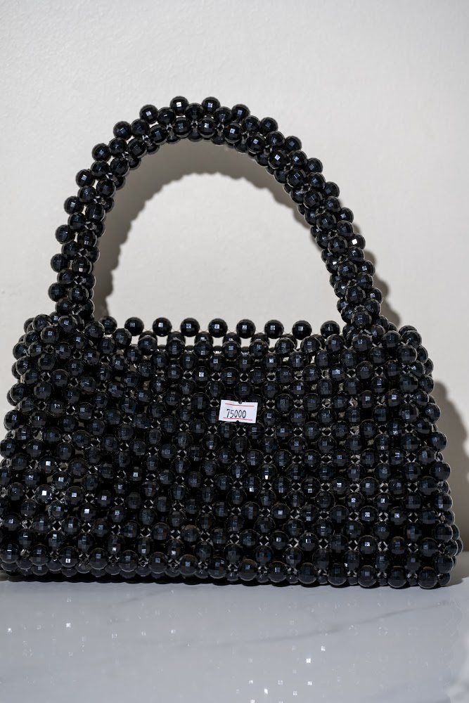Jet Black Pearl Beaded Tote Handbag