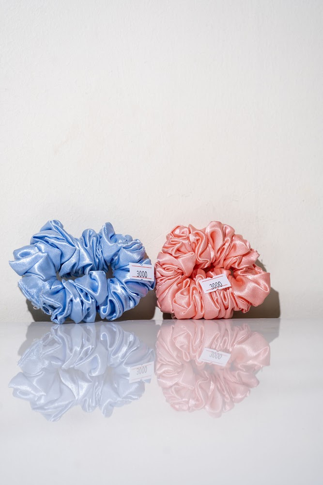 Satin Scrunchie Duo, Sky Blue & Blush