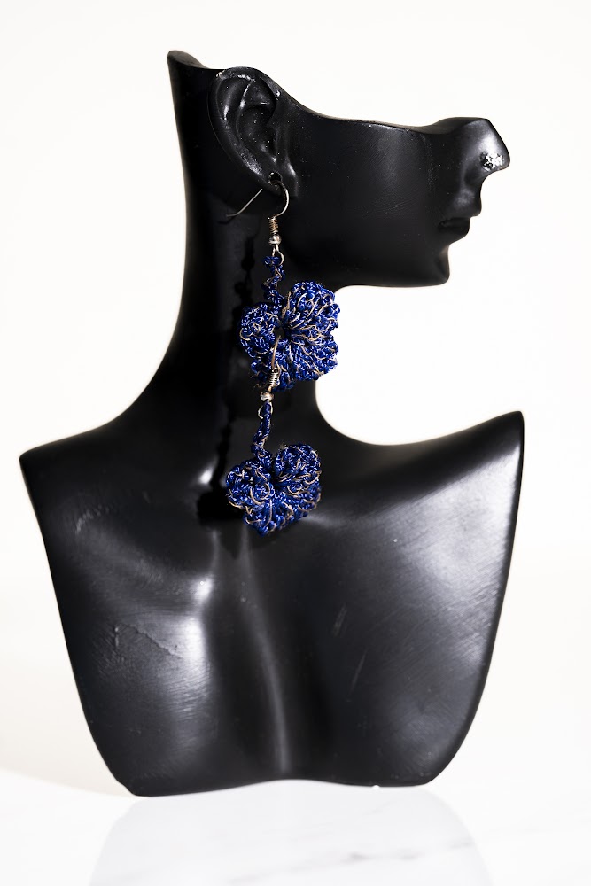 Royal Blue Crochet Rosette Drop Earrings
