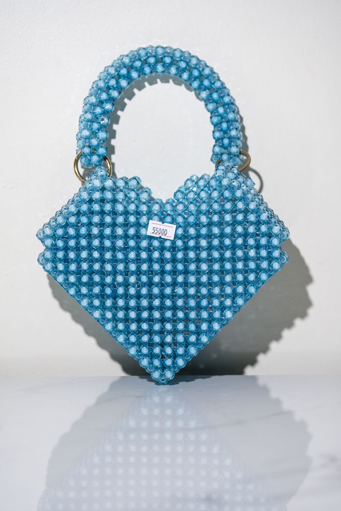 Sky Blue Heart-Shaped Beaded Handbag