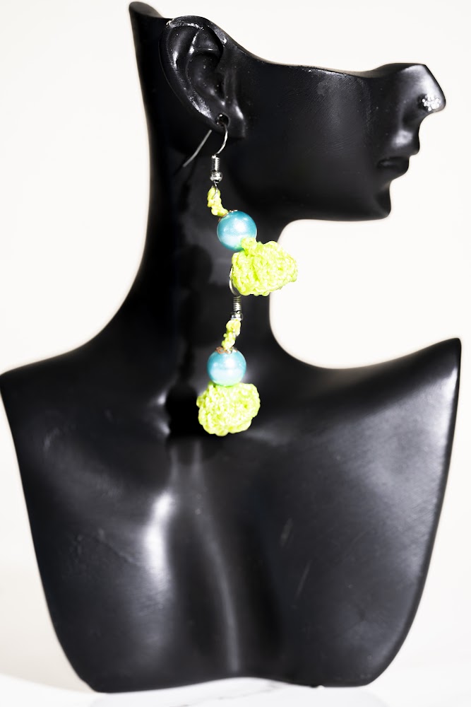 Lime & Teal Crochet Ball Drop Earrings