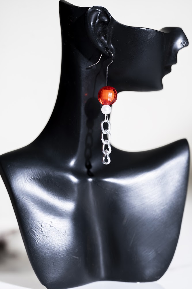 Red Glass Bead & Pearl Chain Drop Earrings