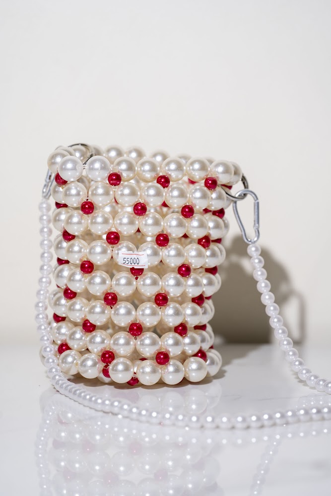 Pearl & Red Bead Bucket Handbag
