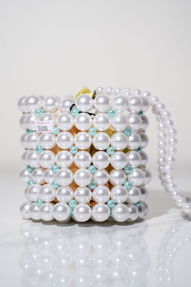 Pearl & Teal Bead Bucket Handbag