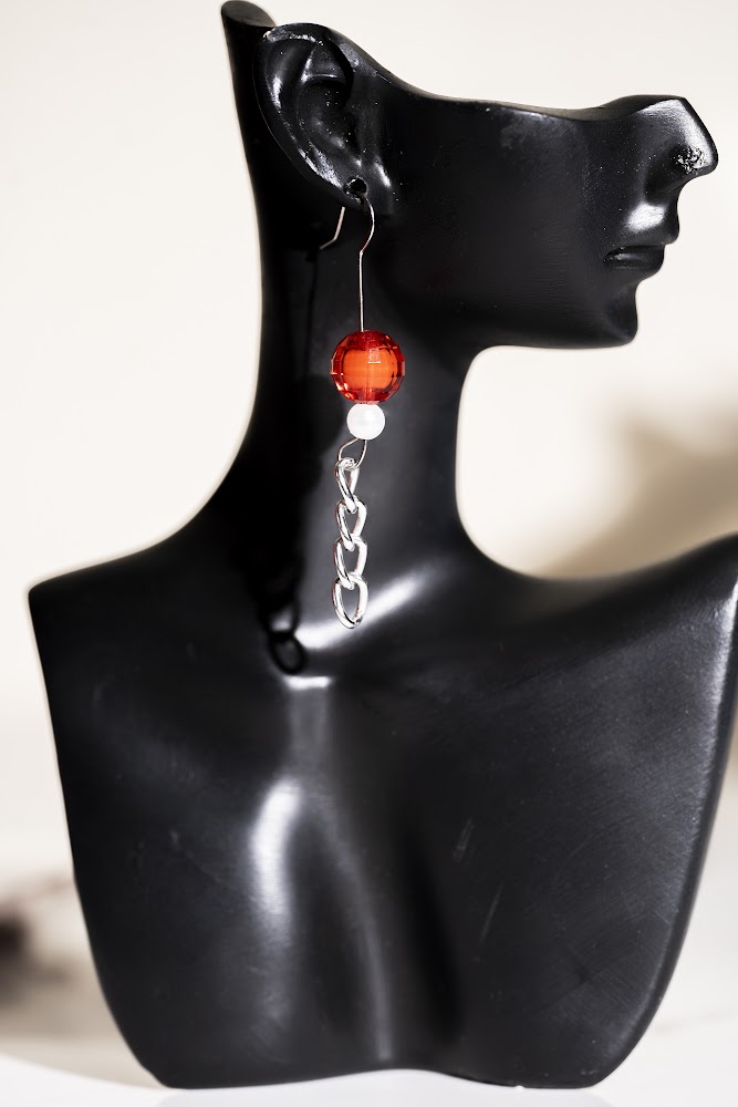 Red Crystal Ball & Silver Chain Drop Earrings