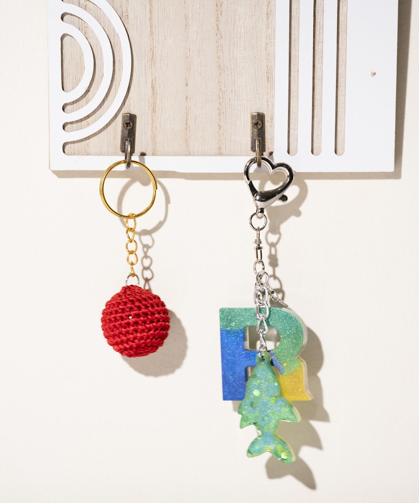 Crochet Ball & Resin Letter Keychain Set