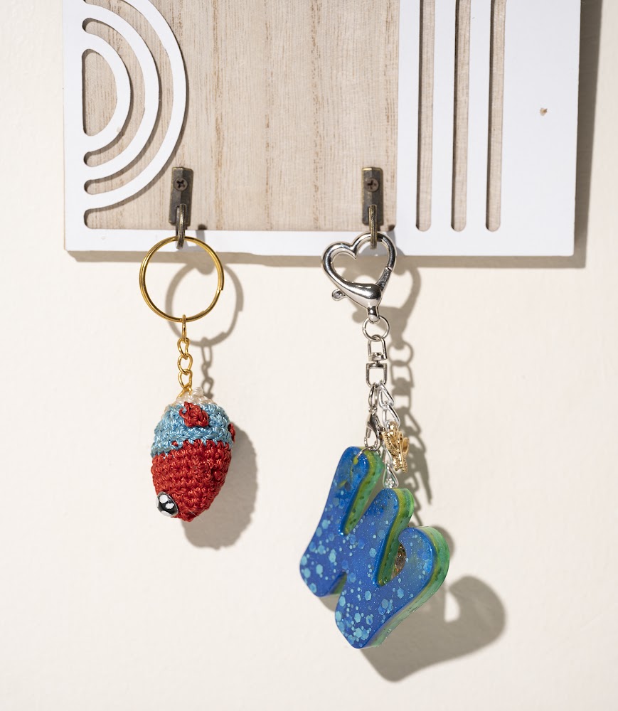 Crochet Strawberry & Resin Letter Keychain Set