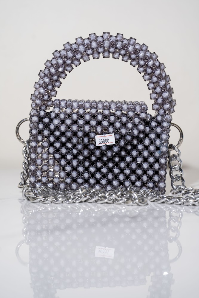 Silver Crystal Beaded Mini Top-Handle Bag