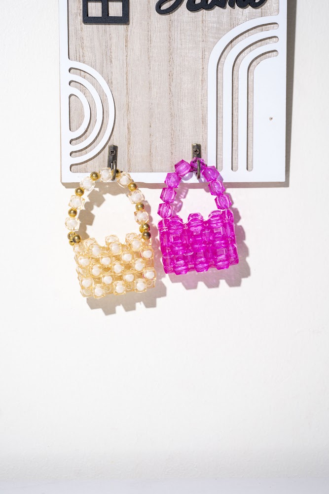 Crystal Bead Mini Tote Duo, Cream & Fuchsia