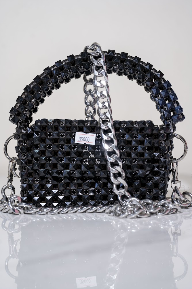 Midnight Black Crystal Beaded Top-Handle Bag
