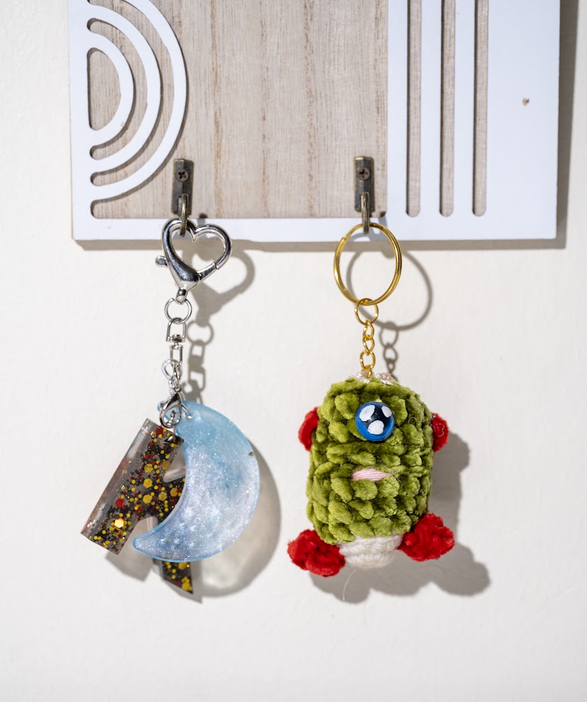 Resin Moon & Crochet Monster Keychain Set