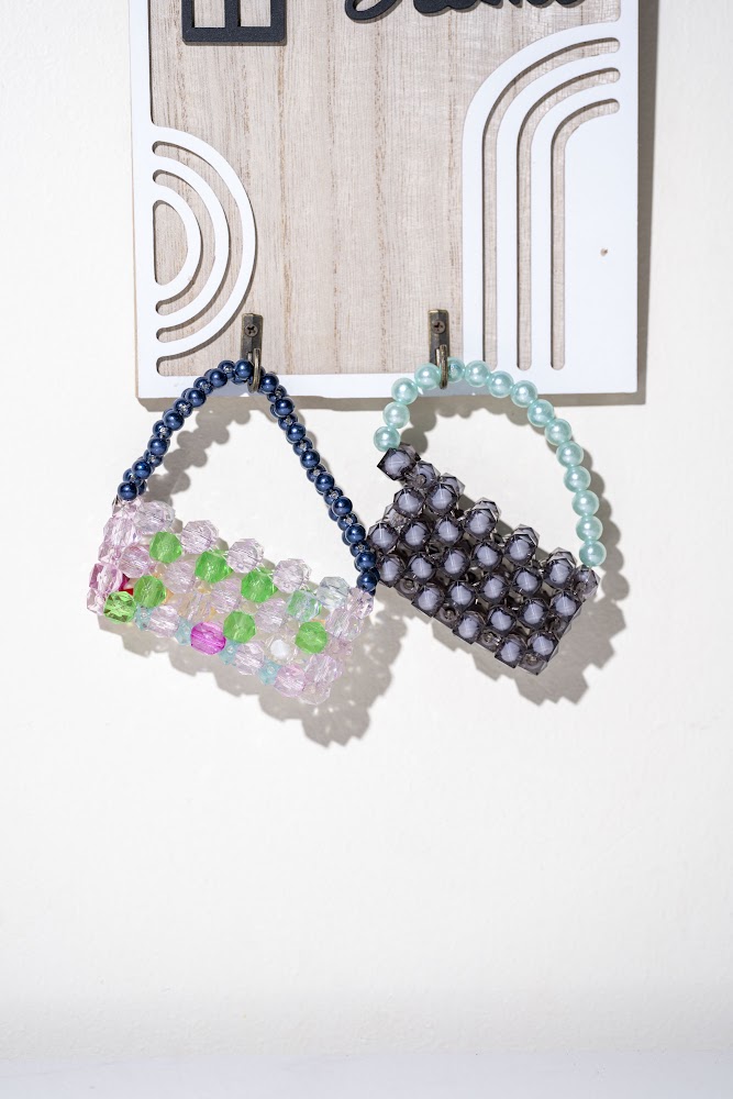 Crystal Bead Mini Tote Duo, Pink & Grey