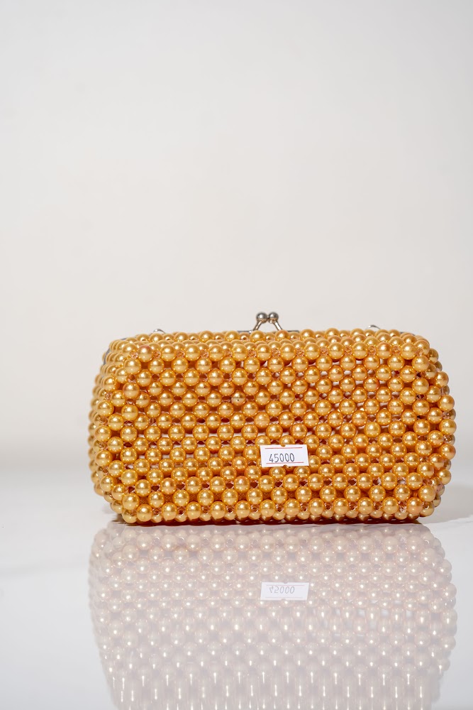 Gold Pearl Beaded Box Clutch