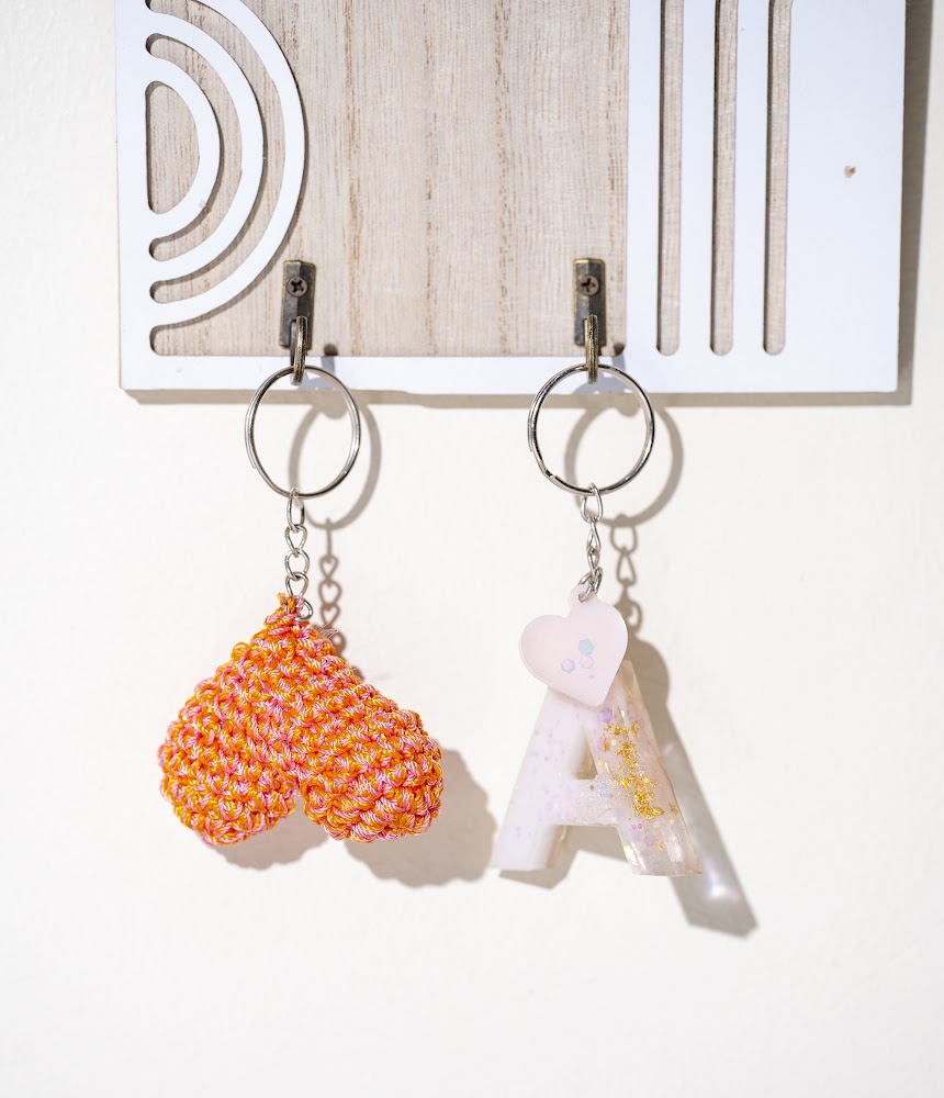 Crochet Heart & Resin Letter Keychain Duo