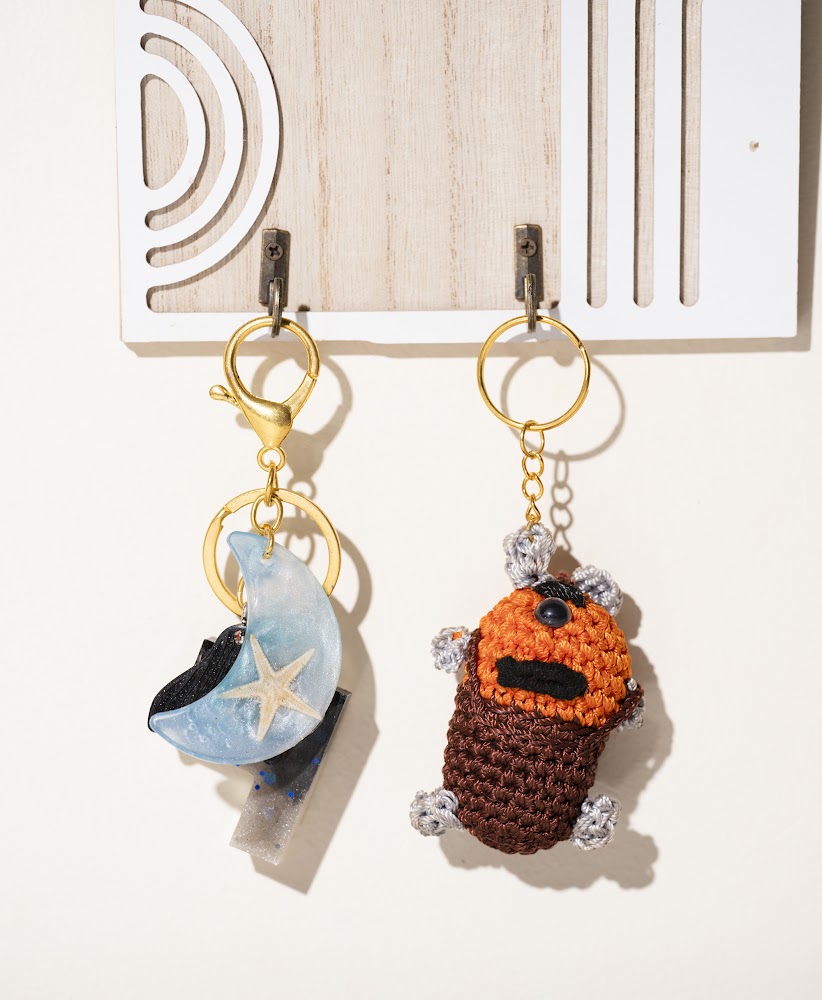 Resin Moon & Crochet Character Keychain Duo