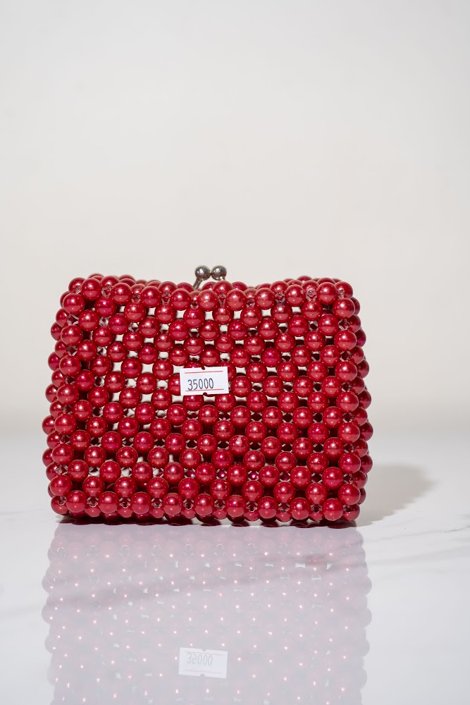 Cherry Red Pearl Beaded Box Clutch