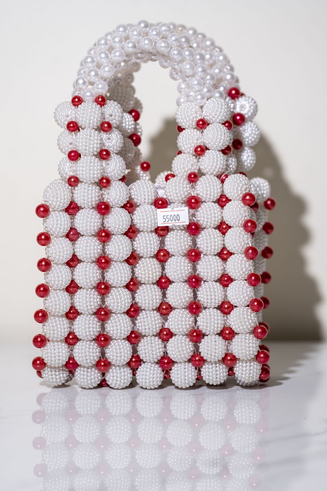White & Red Pearl Beaded Tote Bag