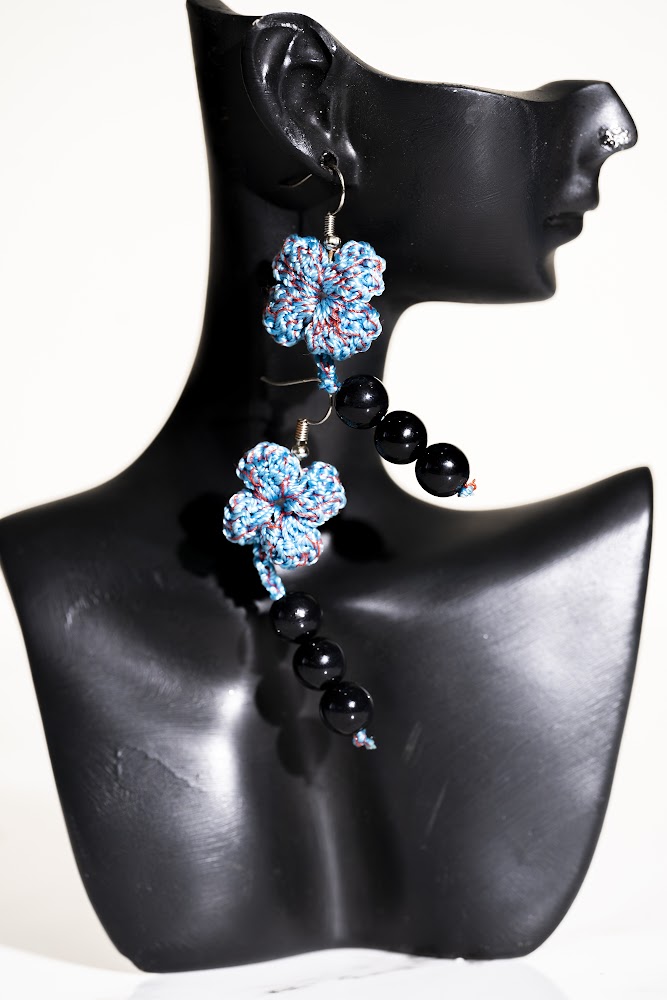 Blue Crochet Flower & Black Bead Drop Earrings