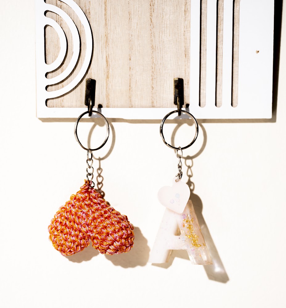 Crochet Heart & Resin Letter A Keychain Set