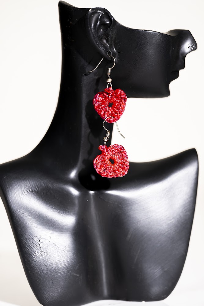 Red Crochet Double Heart Drop Earrings
