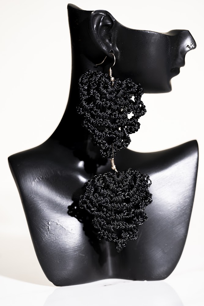 Black Crochet Ruffled Cluster Drop Earrings