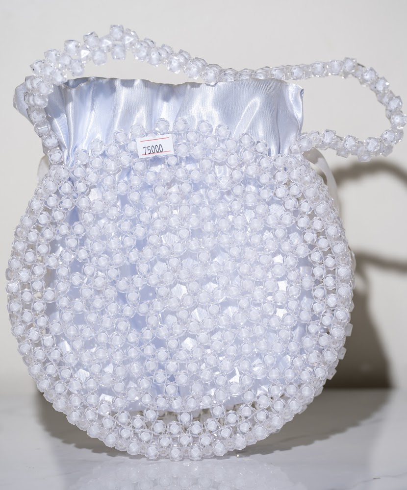 Snow White Crystal Beaded Round Bucket Bag