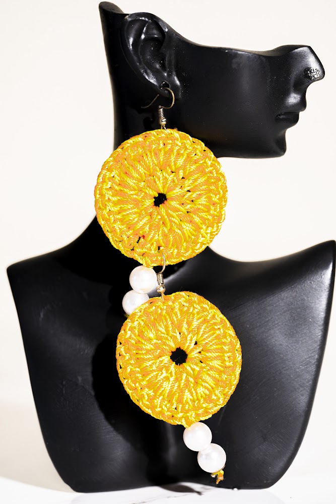 Yellow Crochet Disc & Pearl Drop Earrings