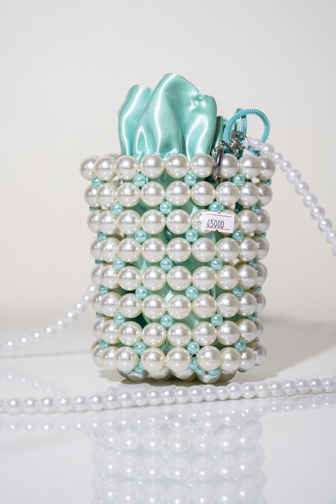 White & Teal Pearl Beaded Cylinder Bucket Bag
