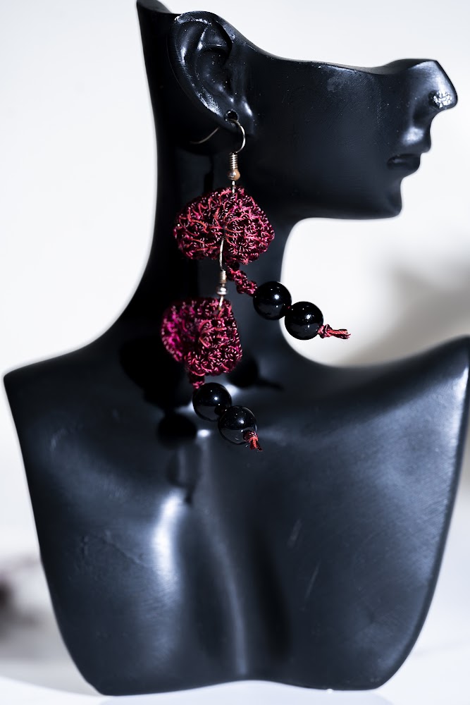 Magenta Pom-Pom & Black Bead Dangle Earrings