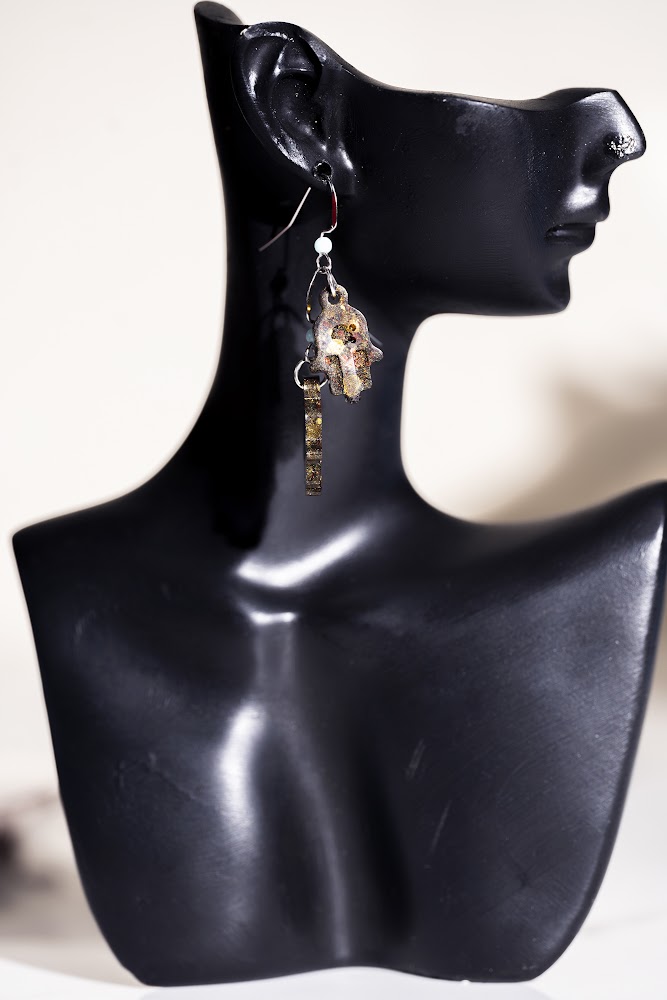 Gold Glitter Hamsa Hand & Bar Dangle Earrings