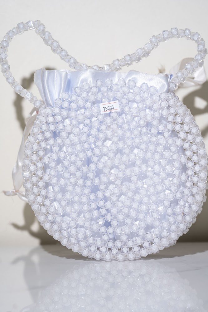 White Pearl Beaded Round Bucket Bag