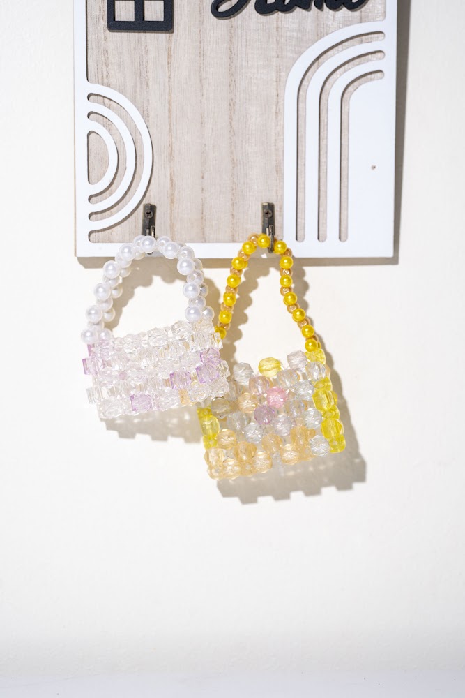Crystal Beaded Mini Handbag Set, White & Yellow
