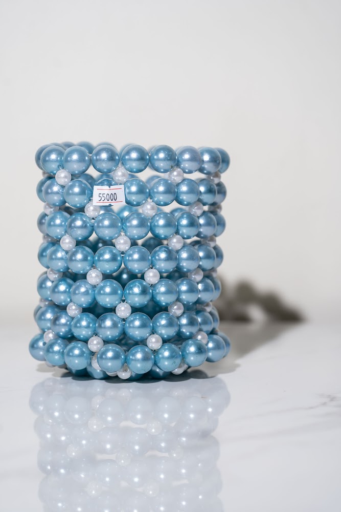 Baby Blue Pearl Beaded Cylindrical Vase