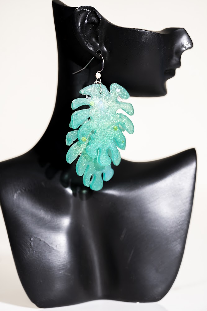 Teal Monstera Leaf Glitter Resin Earrings