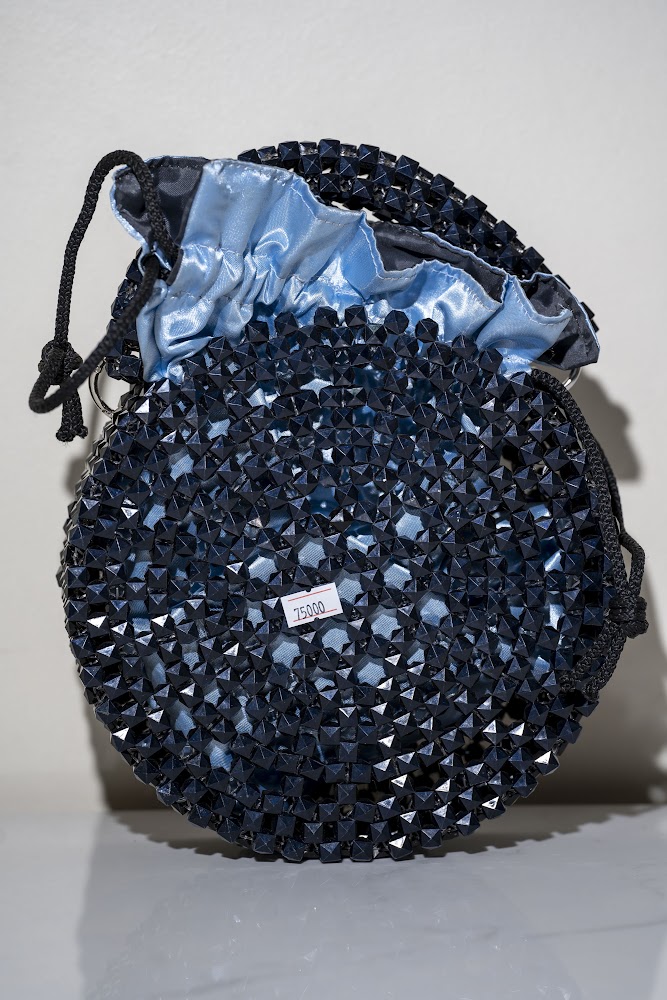 Navy Blue Faceted Crystal Round Bucket Bag