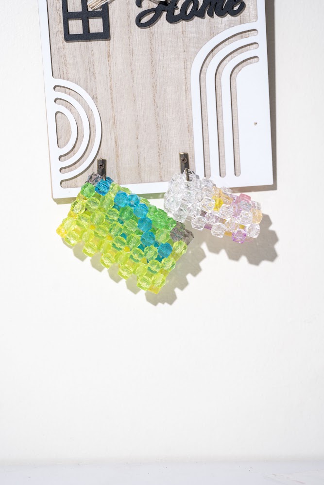 Lime Green & Clear Crystal Beaded Square Earrings