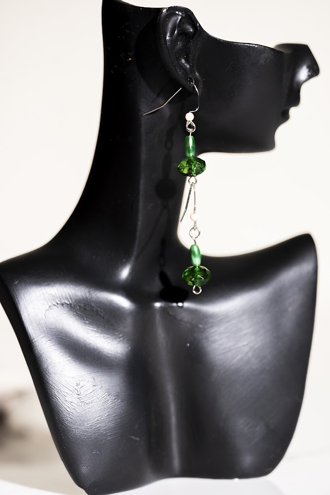 Emerald Green Crystal & Pearl Bead Drop Earrings