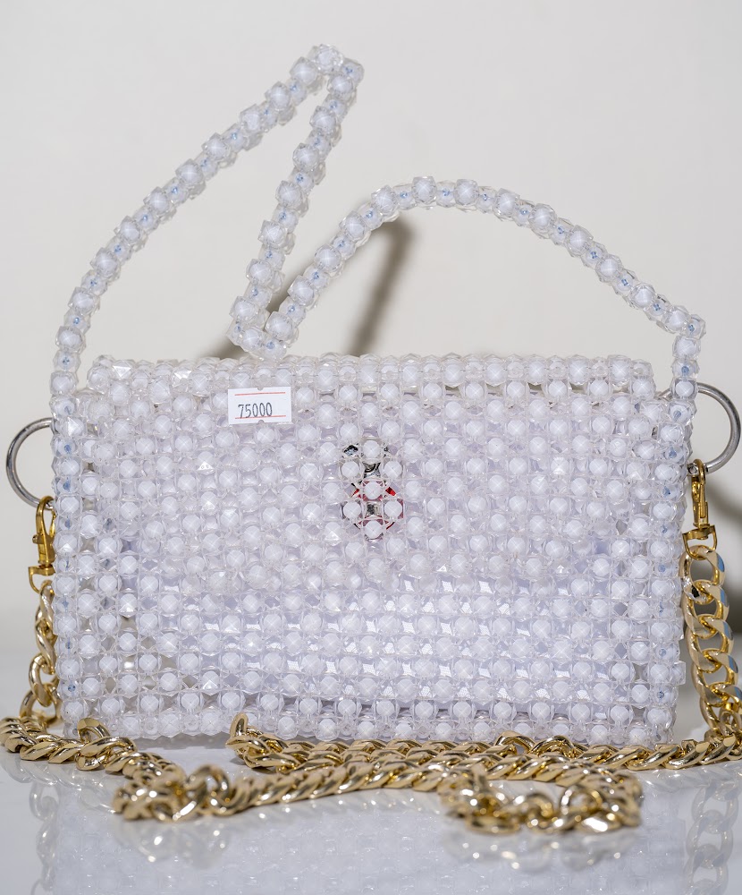 Pearl White Crystal Beaded Handbag with Gold Chain