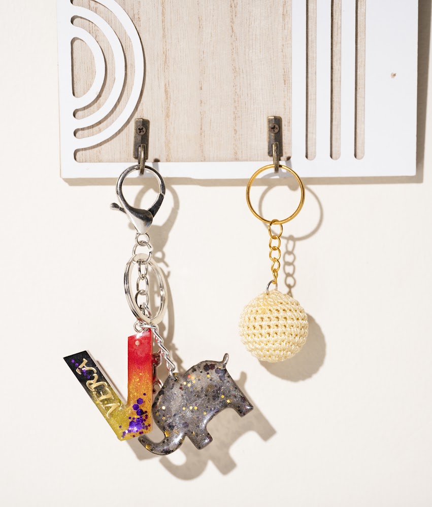 Resin Elephant Charm & Crochet Ball Keychain Duo