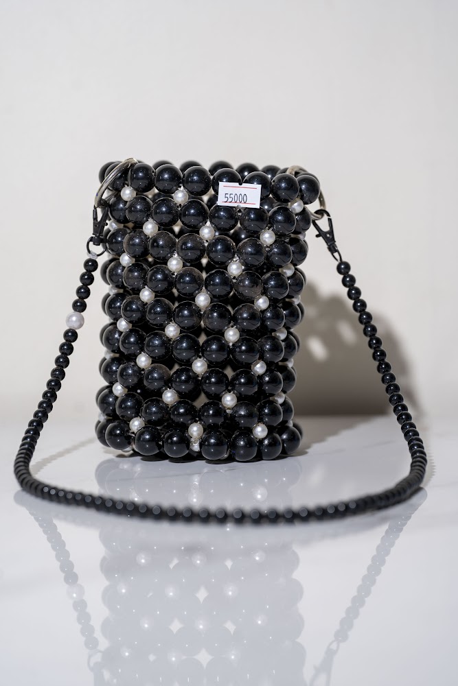 Black & Pearl Accent Beaded Cylinder Bucket Bag