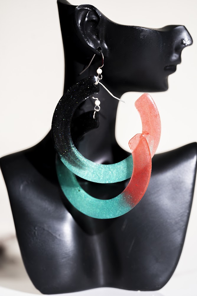Black-to-Teal & Coral Gradient Resin Hoop Earrings