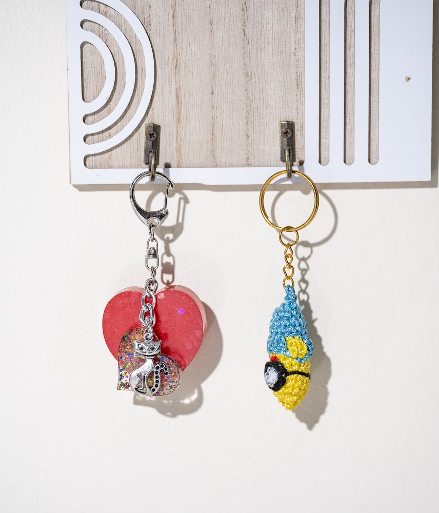 Resin Heart & Crocheted Character Keychain Set