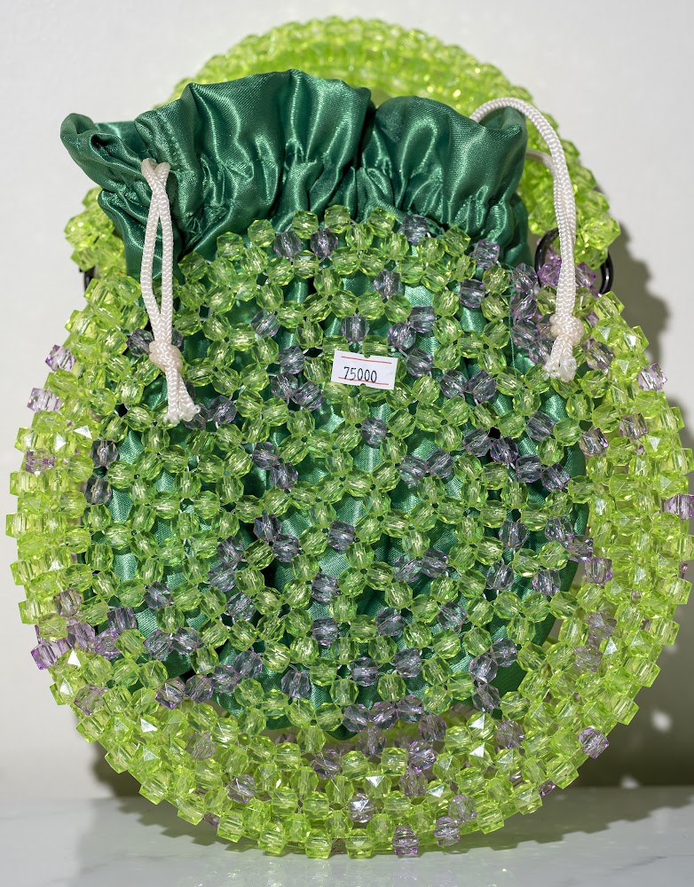 Lime & Lilac Crystal Bead Drawstring Bucket Bag